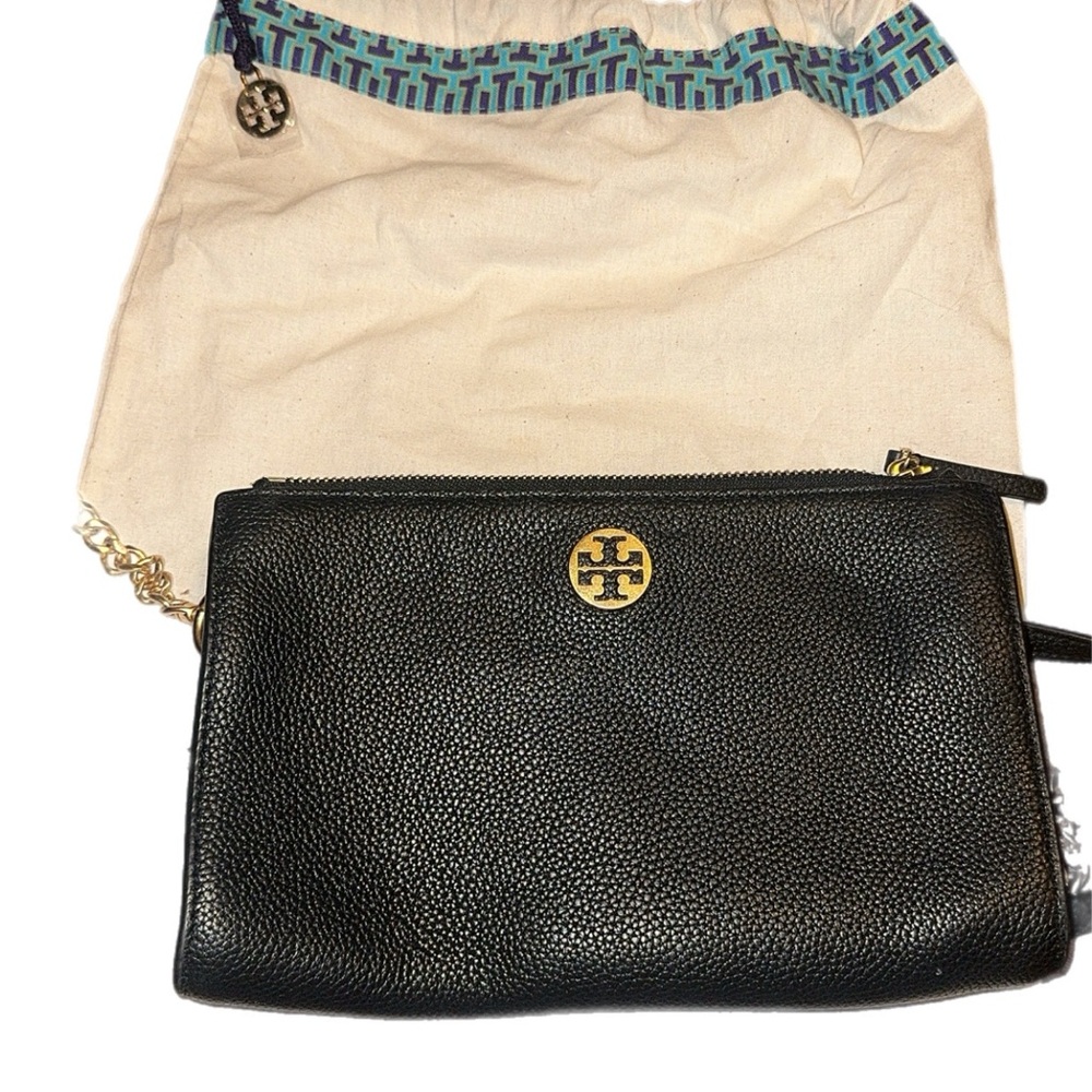 Tory Burch Black Pebbled Leather Crossbody with Gold Logo